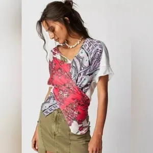 Free People Knot Me Floral Geometric Scarf Mix Media Tie-Front Blouse Top L thumbnail 2