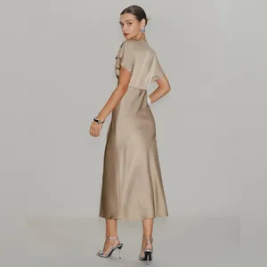 Rihoas Apricot V Neck A-Line Satin Midi Dress thumbnail 5