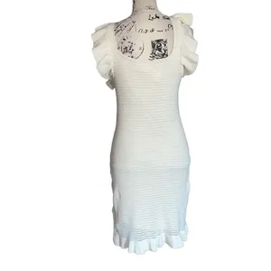 Anthropologie Ivory Ruffle‎ Knit Mini Dress Square Neck Cream Small NEW $130 thumbnail 4