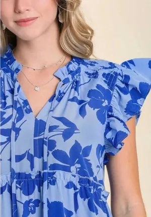 Umgee Blue Floral Flutter Sleeves Ruffle Self Tie Tiered Babydoll Blouse Top M thumbnail 1
