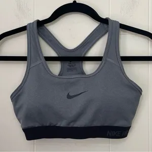 Nike Dri Fit Sports Bra Removable Pads Grey Black Swoosh Racerback ~ Size M thumbnail 1