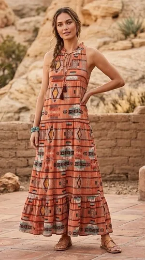 Christophe Sauvat Boho Southwestern Geometric Tassel Rust Maxi Dress Size S‎ thumbnail 1