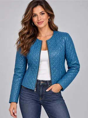 VTG Newport News Quilted Leather Jacket Size 6 Blue Collarless Zip Front thumbnail 1