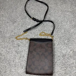 Coach North South Phone Crossbody Bag Signature Canvas Black Brown Gold C6884 thumbnail 2
