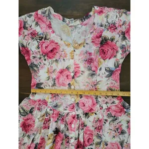 Vintage STARINA Floral Cottage Core Dress SZ M Pink Rose Button Front & Pockets thumbnail 9