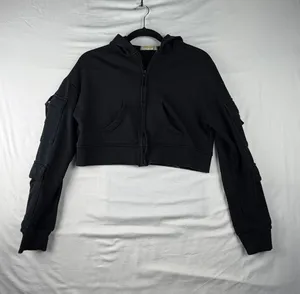 Qinsen Cropped Zip Up Hoodie XS Black Cargo Sleeve Utility Jacket Y2K Streetwear thumbnail 1