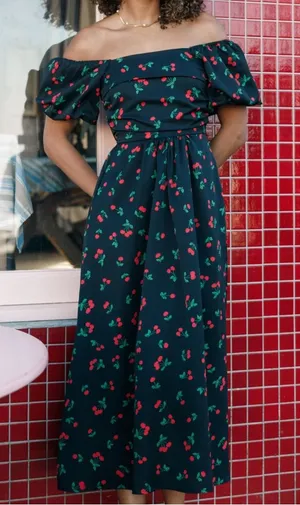 Petal & Pup Chlo Puff Sleeve Midi Sundress Cherry Print Size L thumbnail 1