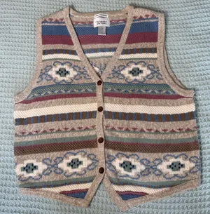 Vintage Hand Embroidered Christopher & Banks Sweater Vest Large Tan Mauve 90s thumbnail 1