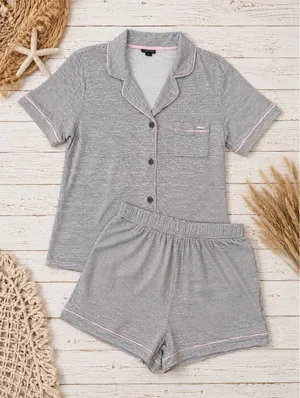 Tahari NWT‎ Notch Collar Short Pajama Set Gray Pink Stripe Large thumbnail 1