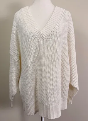 Banana Republic Cream White Oversized Chunky Knit V-Neck Sweater 100% Cotton Lrg thumbnail 1