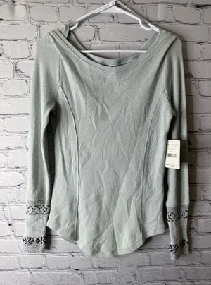 NWT Free People Sage Green Thermal Long Sleeve with Embroidered Cuffs large thumbnail 1