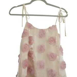Lulus Size Medium Pink 3D Floral Rosette Mini‎ Dress Cream Tie Strap Babydoll thumbnail 4