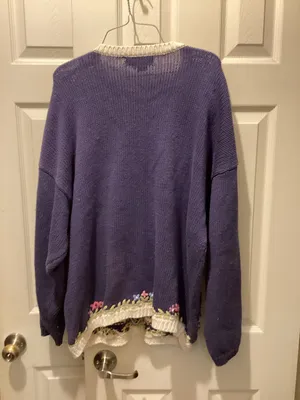 Embroidered Floral Crewneck Sweater in Purple and Cream thumbnail 4