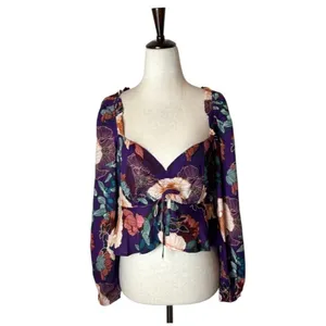 Band Of The Free Shirt Women Medium Purple Floral Puff‎ Sleeve Cropped Top NWT thumbnail 3