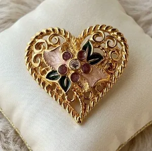Vintage Gold Tone Heart Brooch I Love You Floral Enamel Rhinestone Pin thumbnail 1