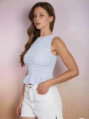 Blu Pepper Light Blue Stripe Smocked Sleeveless Blouse Small NWT thumbnail 4