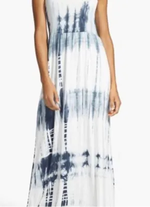 Natural Tie Dye COTTON Maxi Dress Blue/White Women's sz M Boho Style Made in CA thumbnail 1