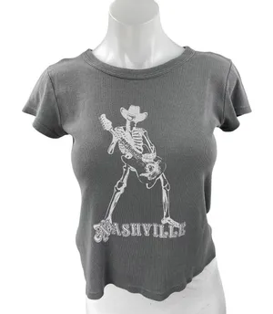 John Galt Nashville Skeleton Women's Gray Short Sleeve Graphic Tee T-shirt Top S thumbnail 1