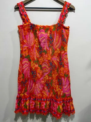 FARM Rio Floral Smocked Mini Dress Ruffle Tie Crochet Hem Large L thumbnail 5
