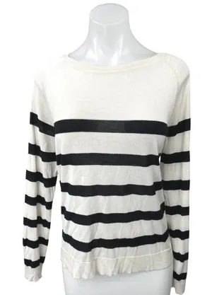 Zara White Black White Striped Knit Boat Neck Long Sleeve Pullover Sweater Top L thumbnail 1