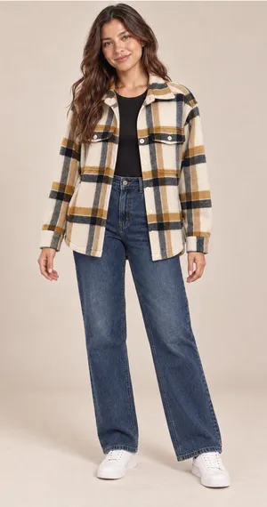 American Eagle Oversized Plaid Sherpa Shacket Women M Yellow Black thumbnail 1