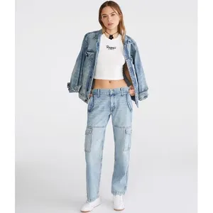 Aeropostale Womens Low Rise Cargo Jeans Light Wash Blue Straight‎ Leg Size S thumbnail 12