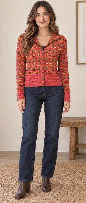 Zara Womens Cactus Floral Knit Cardigan Pink Orange Small Long Sleeve Button Top thumbnail 1
