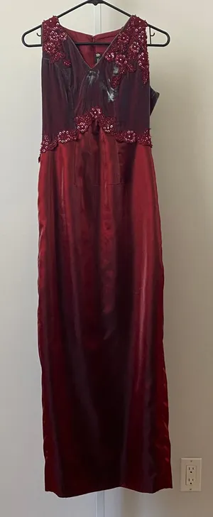 Henny Thionna Silk Moody Goth Ethereal Sequin Applique Maxi‎ Dress Red Prom Gown thumbnail 1