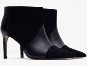 Zara Stiletto Black Suede and Leather Ankle Boots thumbnail 1