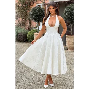 NWT Babyboo Effie Ivory Floral Jacquard Halter A-Line Midi Dress Womens Size M thumbnail 2