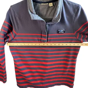 LL Bean Sweatshirt Katahdin Logo Cotton Stripe Henley‎ Pullover Navy Red L Rugby thumbnail 5