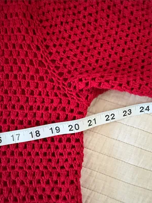 Norm Thompson red linen cotton, crochet knit, 3/4 sleeve sweater cardigan XL thumbnail 11