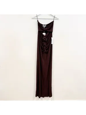AmyLynn‎ Twist Front Rosette Maxi Dress Small Wedding Guest Romantic Chic Brown thumbnail 3