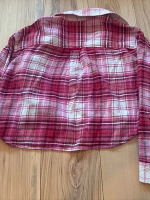 American Eagle Pink & Red Plaid Cropped Flannel Shirt - XS thumbnail 3