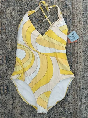 Shade & Shore Women's Geo Print Halter Plunge High Leg One Piece Swimsuit thumbnail 1