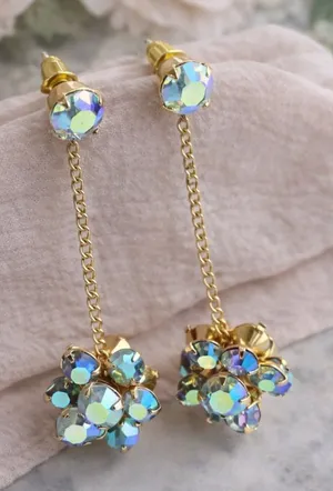 Gold Tone AB Crystal Drop Earrings | Vintage Style Chain Dangle Floral Cluster thumbnail 1