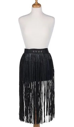 SimplyBeautyful Fringe Faux Leather Long Skirt….One Size….Black thumbnail 2