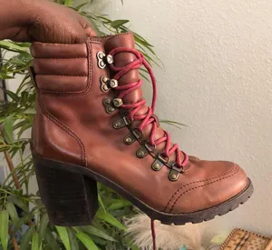 Lucky Brand Brown leather red lace-up ankle combat mid high top boho hiking boots booties heels #timberland thumbnail 3