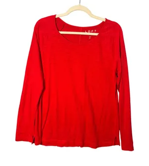 LOFT Women Vintage Soft Long Sleeve Top M Red Slub Knit Raglan Casual Minimalist thumbnail 1