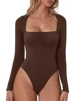 NEW QINSEN Square Neck Bodysuit Long Sleeve Double Lined L thumbnail 1