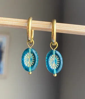 Handmade retro vintage chic whimsical style quality Czech glass beads 2WAY hoop dangle earrings🩵 thumbnail 5