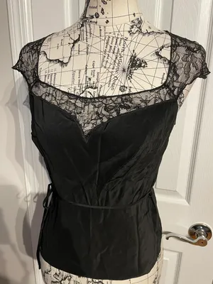 Laundry by Shelli Segal Vintage Satin Lace Retro Tie Whimsygoth sheer belt cap sleeve Cocktail party top blouse Women Sz 6 thumbnail 2