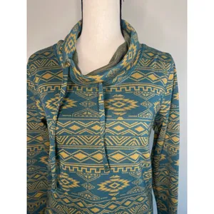 KAVU Women's Skylar semi-fitted cowl neck shirt, green and yellow aztec print XS thumbnail 4