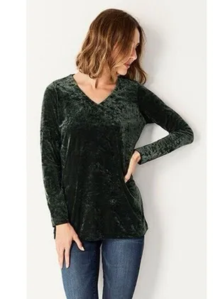 J. Jill Sz M Crushed Velvet Blouse V-Neck Shirred Back Long Sleeve Green Holiday thumbnail 1