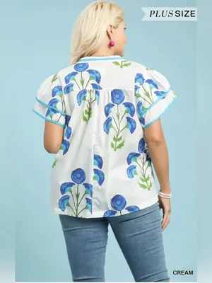 New! Umgee Plus Cotton Cream Floral Popover Top with Blue Accents Size 2X thumbnail 5