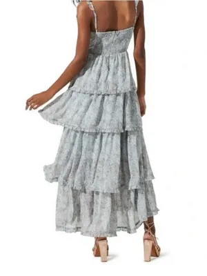 Astr Floral Tiered Maxi Dress in Light Gray and White thumbnail 5