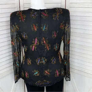 Stenay Vintage Sequin‎ Beaded Silk Blouse Black Multi XL thumbnail 4
