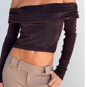 Tiger Mist Womens Korra Chocolate Ribbed Velvet Rose Off Shoulder Crop Top XS thumbnail 1