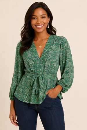 Max Studio Green Paisley Tie Front Peplum Blouse Size Small | Smocked Back V-Nec thumbnail 1