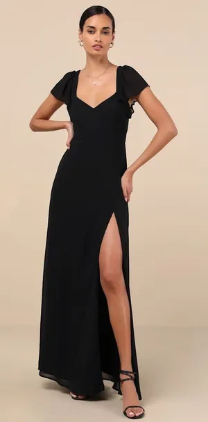 NWT Lulus Simply Delightful Black Tie-Back Flutter Sleeve Maxi Dress Slit Sz S thumbnail 1